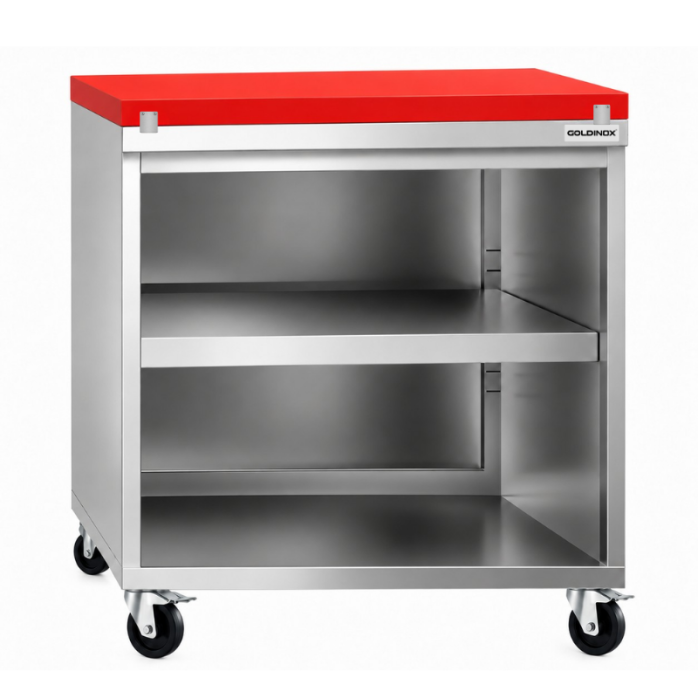 Meuble bas inox ouvert 800x700 mm sur roulettes avec plaque de découpe rouge PREMIUM - GOLDINOX