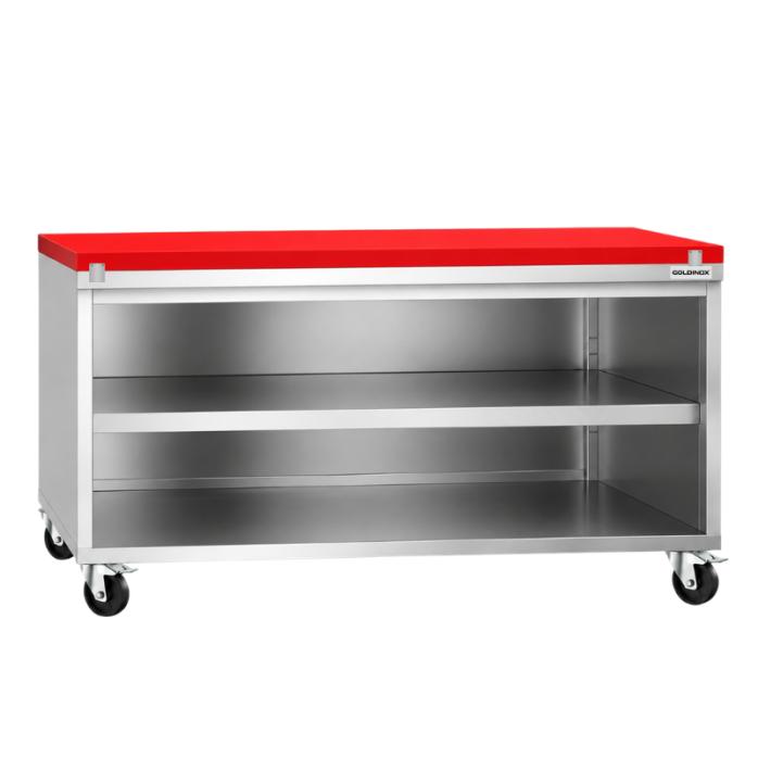 Meuble bas inox ouvert 1500x700 mm sur roulettes avec plaque de découpe rouge PREMIUM - GOLDINOX