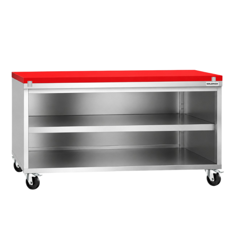Meuble bas inox ouvert 2000x700 mm sur roulettes avec plaque de découpe rouge PREMIUM - GOLDINOX