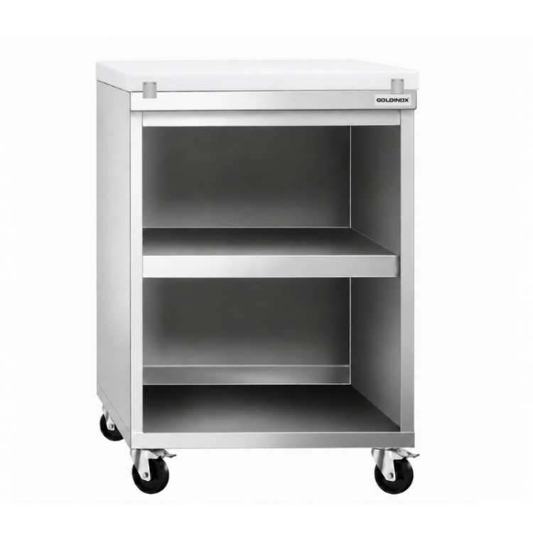 Meuble bas inox ouvert 600x700 mm sur roulettes avec plaque de découpe blanche PREMIUM - GOLDINOX