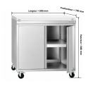 Meuble bas inox ouvert 800x700 mm sur roulettes avec plaque de découpe blanche PREMIUM - GOLDINOX
