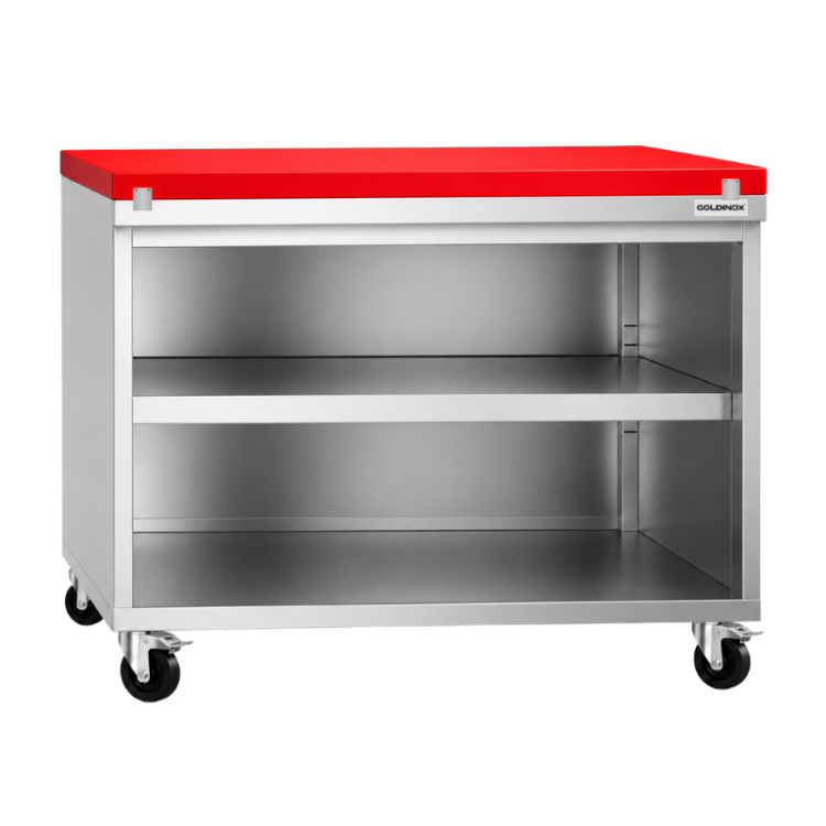 Meuble bas inox ouvert 1000x800 mm sur roulettes avec plaque de découpe rouge PREMIUM - GOLDINOX