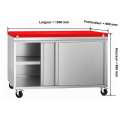 Meuble bas inox ouvert 1500x800 mm sur roulettes avec plaque de découpe rouge PREMIUM - GOLDINOX
