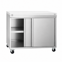 Meuble bas inox ouvert 1000x800 mm sur roulettes avec plaque de découpe blanche PREMIUM - GOLDINOX