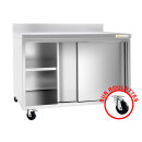 Meuble bas inox sur roulettes avec portes coulissantes et dosseret profondeur 700 mm