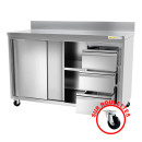 Meuble bas inox sur roulettes avec portes coulissantes 3 tiroirs et dosseret profondeur 700 mm