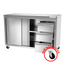 Meuble bas inox sur roulettes avec portes coulissantes et 3 tiroirs profondeur 700 mm