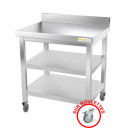 Table de travail inox sur roulettes avec 2 étagères inférieures et dosseret profondeur 800 mm
