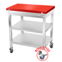 Table de découpe rouge avec 2 étagères inférieures sur roulettes profondeur 600 mm