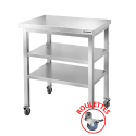 Tables de travail en inox hauteur Bar avec 2 étagères inférieures sur roulettes profondeur 700 mm