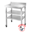 Tables de travail en inox hauteur Bar avec 2 étagères inférieures et dosseret sur roulettes profondeur 700 mm