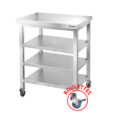Tables de travail en inox hauteur Bar avec 3 étagères inférieures sur roulettes profondeur 700 mm