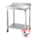 Tables de travail en inox hauteur Bar avec 1 étagère inférieure et dosseret sur roulettes profondeur 800 mm