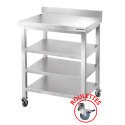 Tables de travail en inox hauteur Bar avec 3 étagères inférieures et dosseret sur roulettes profondeur 800 mm