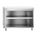 Meuble bas inox ouvert avec plaque de découpe blanche profondeur 600 mm