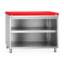 Meuble bas inox ouvert avec plaque de découpe rouge profondeur 800 mm
