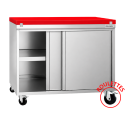 Meuble bas inox sur roulettes avec portes coulissantes et plaque de découpe rouge profondeur 600 mm