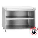 Meuble bas inox ouvert sur roulettes avec plaque de découpe blanche profondeur 700 mm