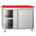 Meuble bas inox avec portes coulissantes et plaque de découpe rouge profondeur 800 mm