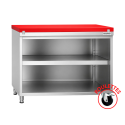 Meuble bas inox ouvert sur roulettes avec plaque de découpe rouge profondeur 800 mm