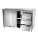 Meuble bas inox avec portes coulissantes et 3 tiroirs profondeur 700 mm