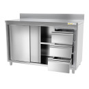 Meuble bas inox avec portes coulissantes 3 tiroirs et dosseret profondeur 700 mm